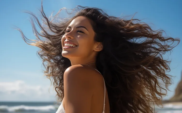 WellaCompany-AboutUs-OurEnvironmentalAndSocialImpact-Card.png smiling woman with flowing hair against the background of blue sky, wavy sea and cliff beach